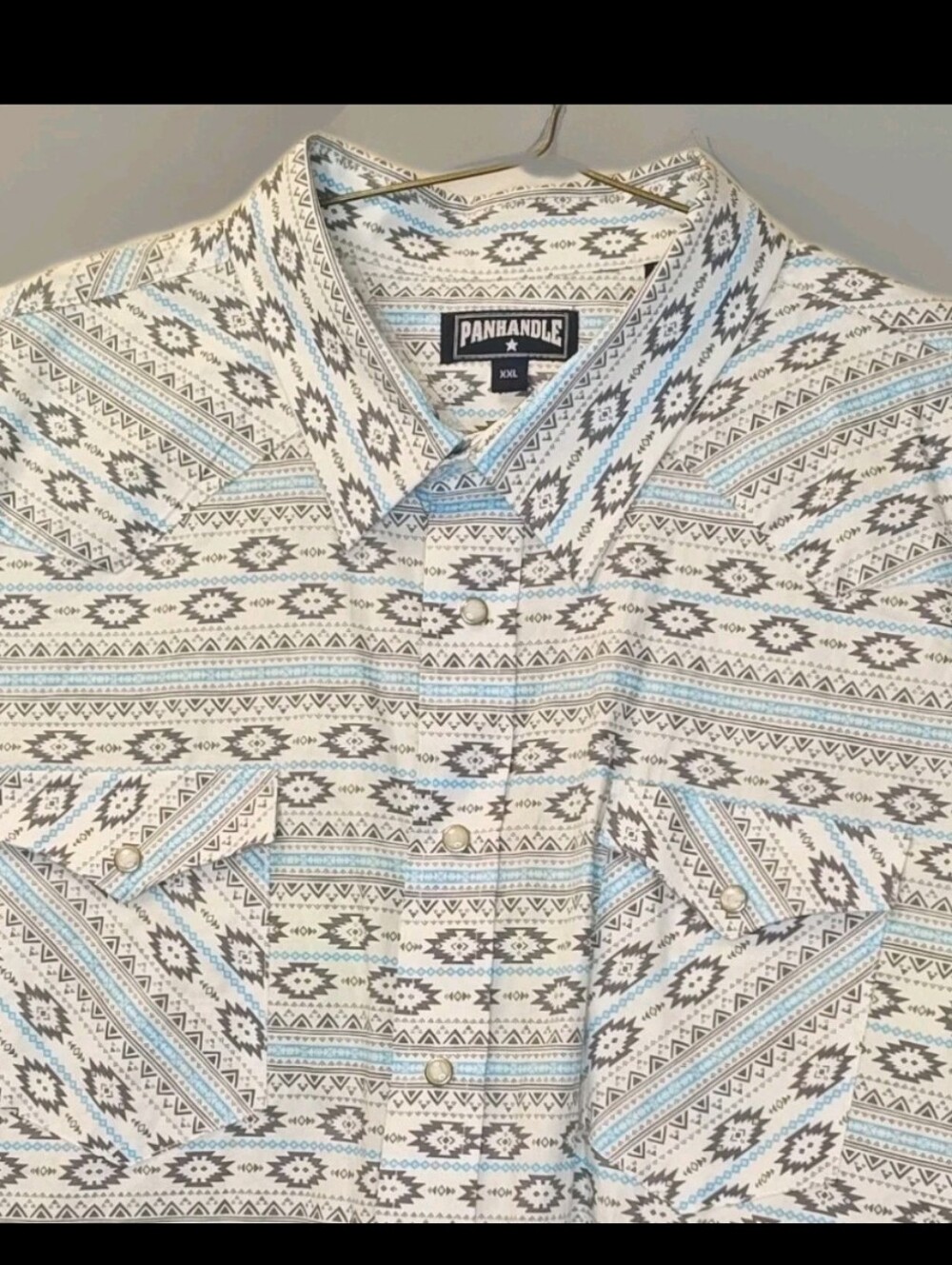 Panhandle Star Pearl Snap Shirt Sz 2X White Blue Geo Aztec Western Biker Cowboy